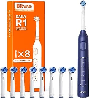 Bitvae R1 Rotating Electric Toothbrush with 8 Brush Heads for Adults and Kids, 60-Day Battery Life, 5 Modes Rechargeable Power Toothbrush with 2-Minute Smart Timer, Dark Blue