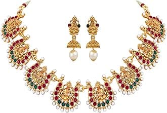 Shining Diva FashionLatest 18k Gold Plated Traditional Temple Choker Necklace Wedding Party Stylish Jewellery Set for Women