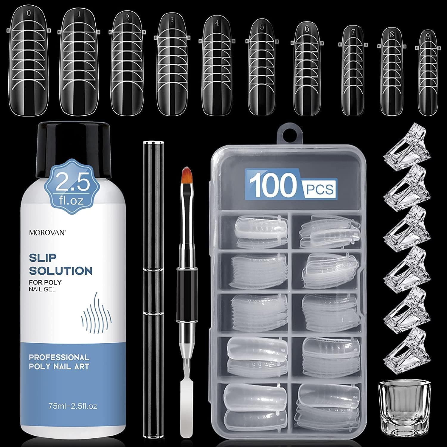 Morovan Nail Slip Solution Kit: 2.5 OZ Anti‑Stick Gel Liquid for PolyGel Nails with Dual‑Ended Brush & Nail Forms Ideal Easy Spread for Beginners