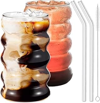 Ework4U 2 Pcs Drinking Glasses with Glass Straws, 20oz Iced Coffee, Milk Tea, Fruit Smoothie Glasses - Ideal for Water, Soda, Tea - Gift Set with Cleaning Brush