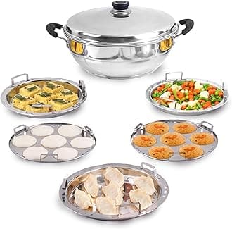 - The Indus Valley Stainless Steel Idli Maker/Momo Maker/Multi Kadai/Steamer Set|Large, 5 Plates, 2 Idli|2 Dhokla|1 Steamer|29Cm/11.3 Inch, 4.2Ltr, 2.5Kg|3-Layer Thick Bottom|Induction Friendly