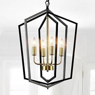WJShome 18.1" Black and Gold Chandelier, 4-Light Farmhouse Dining Room Light Fixture, Modern Foyer Lighting Fixtures, Rustic Lantern Pendant Light, for Kitchen Island,Staircase,Entryway