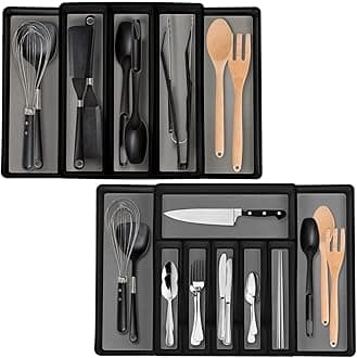 ELTOW Expandable Silverware Drawer Organizer & Utensil Tray Set, Non-Slip Kitchen Drawer Organizers and Storage, Kitchen Organization for Utensils, Cutlery, Office Supplies, Flatware Storage - Black