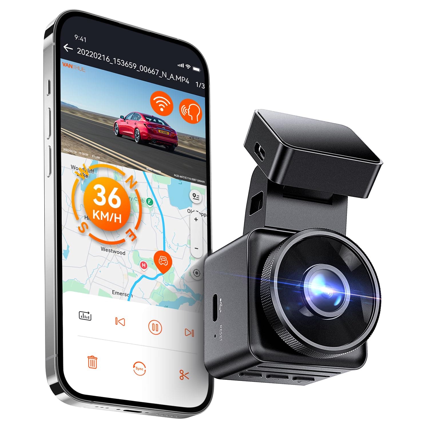 E1 Lite 1080P Dash Cam, Mini Car Camera with Night Vision, 60fps Dash Cam with GPS and Speed, Wi-Fi APP Control, Loop Recording, Voice Control, 24H Parking Mode, Support 512GB