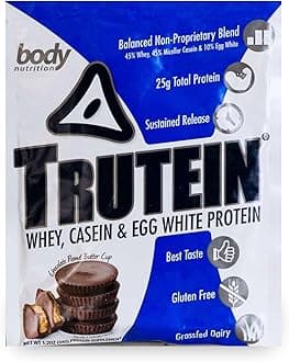 Body Nutrition Trutein High Protein Powder: 45% Whey, 45% Casein, 10% Egg White, Gluten-Free, Low Sodium, Grass Fed Whey Protein, Gym Supplement & Breakfast Shake, Chocolate Peanut Butter, 34g Sample