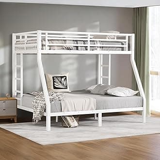 Twin Over Full Bunk Bed, Metal Bunk Bed Frame Heavy Duty Bunk Beds Loft Bed Frame with Ladder and Guardrail Metal Slats No Box Spring Required for Adults Teens, White