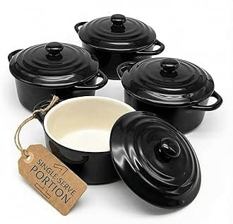 Kook Ceramic Mini Cocotte Set, Small Casserole Dishes with Lids and Handles, Individual Baking Ramekins, Oven safe 350F, Microwave & Dishwasher Safe, Stoneware, 12 oz, Set of 4, (Black)