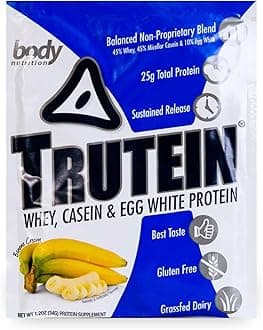 Body Nutrition Trutein High Protein Powder: 45% Whey, 45% Casein, 10% Egg White, Gluten-Free, Low Sodium, Grass Fed Whey Protein Powder, Gym Supplement & Breakfast Shake, Banana Cream, 34g Sample