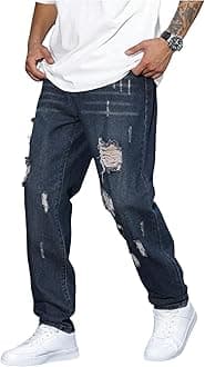 Verdusa Men's Vintage Distressed Ripped Jeans Straight Leg Denim Pants with Pockets