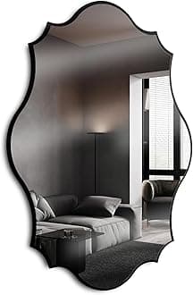 32"x24" Scalloped Wall Mirror, Wooden Framed Decorative Mirror for Livingroom Bedroom Bathroom Entryway Fireplace Mantle, Horizontally or Vertically Wall Mounted, Black, Melfi