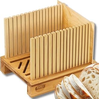 Mama's Great Bamboo Slicer - Adjustable Slice Width Bread Slicing Guides with Sturdy Wooden Cutting Board - Compact & Foldable - Easy Cutting for Bagels & Bread