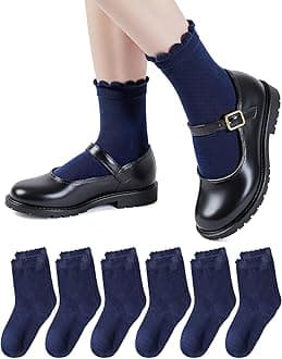 HONGTEYA 6 Pairs Girls White Ruffle Socks School Uniform Dress Socks for Kids Seamless Crew Ankle Cotton Size 2-14 Years