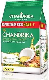 Chandrika Ayurvedic Soap with 2x Coconut Oil & Herbs| Handmade Soap for Naturally Radiant Skin| For All Skin Types| 70g (Pack of 5)