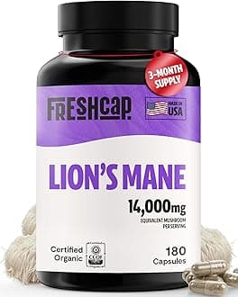 FreshCap Organic Mushroom Capsules Supplement - Fruiting Body Extract (Lion's Mane, 180 Capsules)