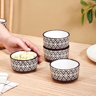 Nestasia Ceramic Bowl Set of 4 Diamond Pattern | Microwave & Dishwasher Safe Small Bowl for Nuts, Snacks, Dal, Curry, Fruits | Brown 200ml