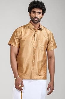 VASTRAMAY Men's Silk Blend Ethnic Shirt - Half Sleeves, South Indian Traditional Shirt for Weddings, Festivals, & Casual Wear