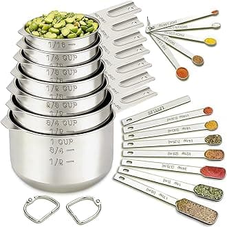 EWFEN Measuring Cups and Spoons Set, 7 Stainless Steel Nesting Measuring Cups & 7 Spoons, 5 Mini Measuring Spoons &1 Leveler, Kitchen Gadgets for Cooking & Baking, Square