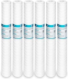 Membrane Solutions 5 Micron 2.5" OD x 20" Length Sediment Water Filter String Wound Polypropylene Cartridge for Whole House Filter Systems - 6 Pack