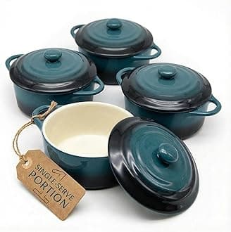 Kook Ceramic Mini Cocotte Set, Small Casserole Dishes with Lids and Handles, Individual Baking Ramekins, Oven, Microwave & Dishwasher Safe, Stoneware, 12 oz, Set of 4, (Stone Ombre)
