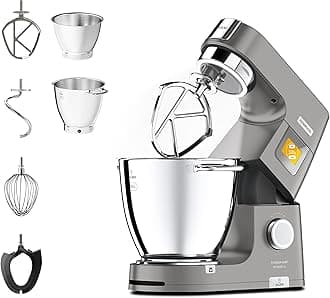 Titanium Chef Patissier XL Stand Mixer for Baking- Powerful Food Mixer, With K-Beater, Dough Hook, Whisk, and 2 Bowls 5L and 7L, KWL90.004SI, 1400W, Silver
