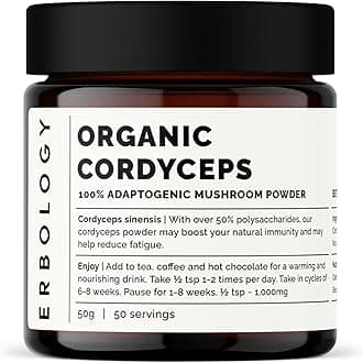 Erbology Organic Cordyceps Mushroom Powder 50 Servings - 48% Beta-glucans - Energy and Performance - Cordyceps Sinensis - Small Batch - Sustainably Grown in Europe - Vegan - Non-GMO - No Added Fillers