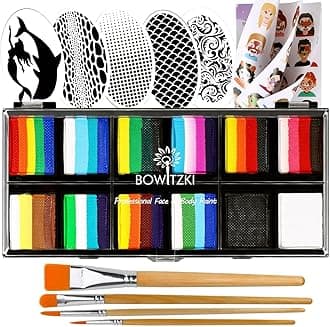 Bowitzki Face Paint Kit Professional Split Cake Face Painting Set 12x10 gm with Stencil One Stroke Non Toxic Safe Rainbow Flora Dolphin Unicorn Flame Body Paint Halloween Christmas Makeup