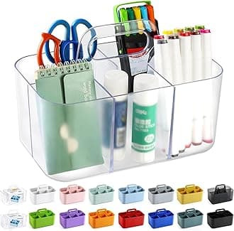 Multiuse Caddy Organizer with Handle - Stackable Plastic Bin - Divided Storage Tote Holder for Art Craft Supplies, Makeup, Bathroom, Shower, Cleaning, Kitchen, Office, Dorm, Desktop - Frosted Clear