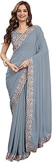 TRENDMALLS Women's Georgette Lakhanvi Embroidery with Sequence Moti work Women Saree