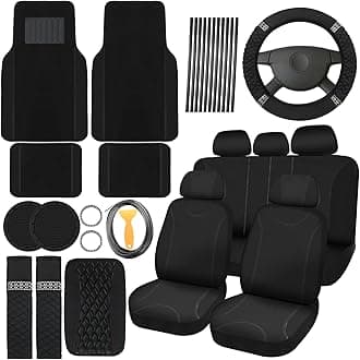 BBTO 43 Pcs Bling Car Accessories Set for Women Front Seats and Rear Bench Polyester Car Seat Protectors Wheel Cover Seat Floor Mats Full Crystal Automotive Interior Decor(Black)