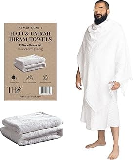 Men's Ihram for Hajj & Umrah - Sweat Absorbent, Comfortable, Fully Opaque, 2-Piece Ihram Set, Ehram Ahram 43 x 83 Inches, Ideal for Muslim Men, White