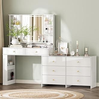 Makeup Vanity Desk with Mirror and Lights, Vanity Desk with 8 Drawers & Storage Shelves, Vanity Table with Power Outlet, 3 Color Modes & Adjustable Brightness Dressing Table, Bedroom,White