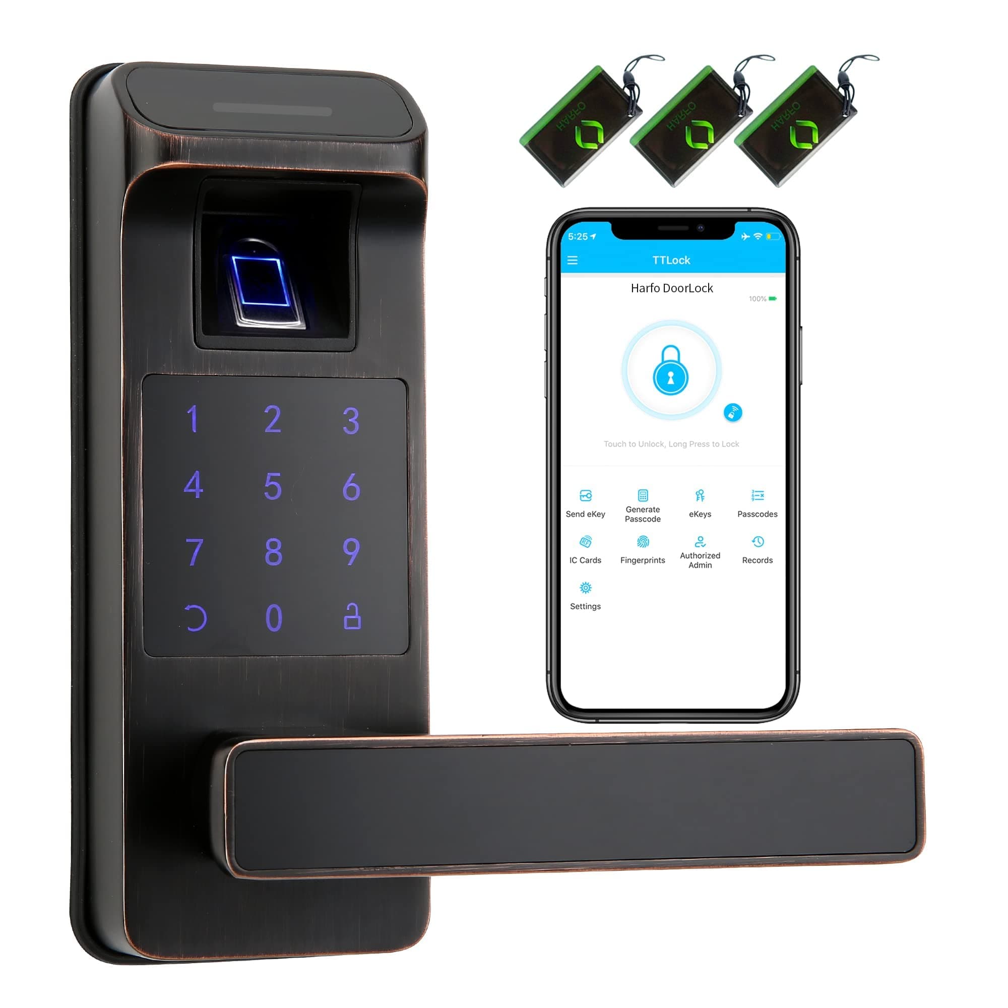 Harfo Smart Door Lock, Heavy Duty 5 in 1 Keyless Entry Door Lock, Full App Control Digital Keypad Lock, Reversible Handle with Fingerprints and Passcodes for Family/Office/Apartment (Aged Bronze)