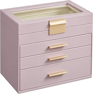 SONGMICS Jewelry Box Organizer with Glass Lid, 4-Layer Jewelry Storage, with 3 Drawers, Modern Style, 6 x 9.9 x 8.5 Inches, Lavender Purple and Gold Color UJBC161P01