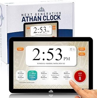 Masjidal 14" Digital Azan Clock with WiFi, Dynamic Touch Screen, Worldwide Prayer Times, Full Quran Player, Islamic Art, Streaming Halal Muslim Content: Duas, Dhikr, Hadith, Surah of The Day, Black