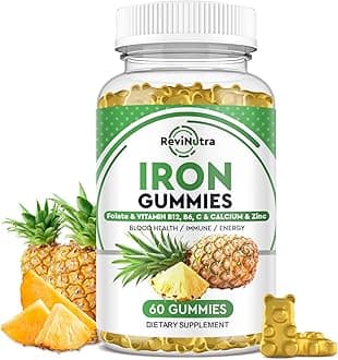 Iron Gummies with Zinc, Calcium, Vitamin C, B6 & B12 | Iron Supplement for Women, Men & Kids | Supports Anemia & Deficiency, Blood Builder & Cell Formation | Chewable Pineapple Flavor | 60 Gummies