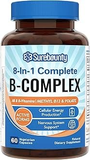 8-in-1 Vitamin B Complex Capsules for Women & Men, Super B Complex Vitamins, B12, B1, B2, B3, B5, B6, B9, Biotin, Folate, Methylated Forms, Energy, Nerve, Blood Support, 60 Caps