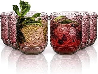Glass Cups, Vintage Glassware Drinking Glass Set of 6, 12oz Colored Glassware with Sunflower Design, Embossed Floral Decorative Glasses Drinking Set for Cocktail, Wine, Vintage Drinking Glasses (Pink)