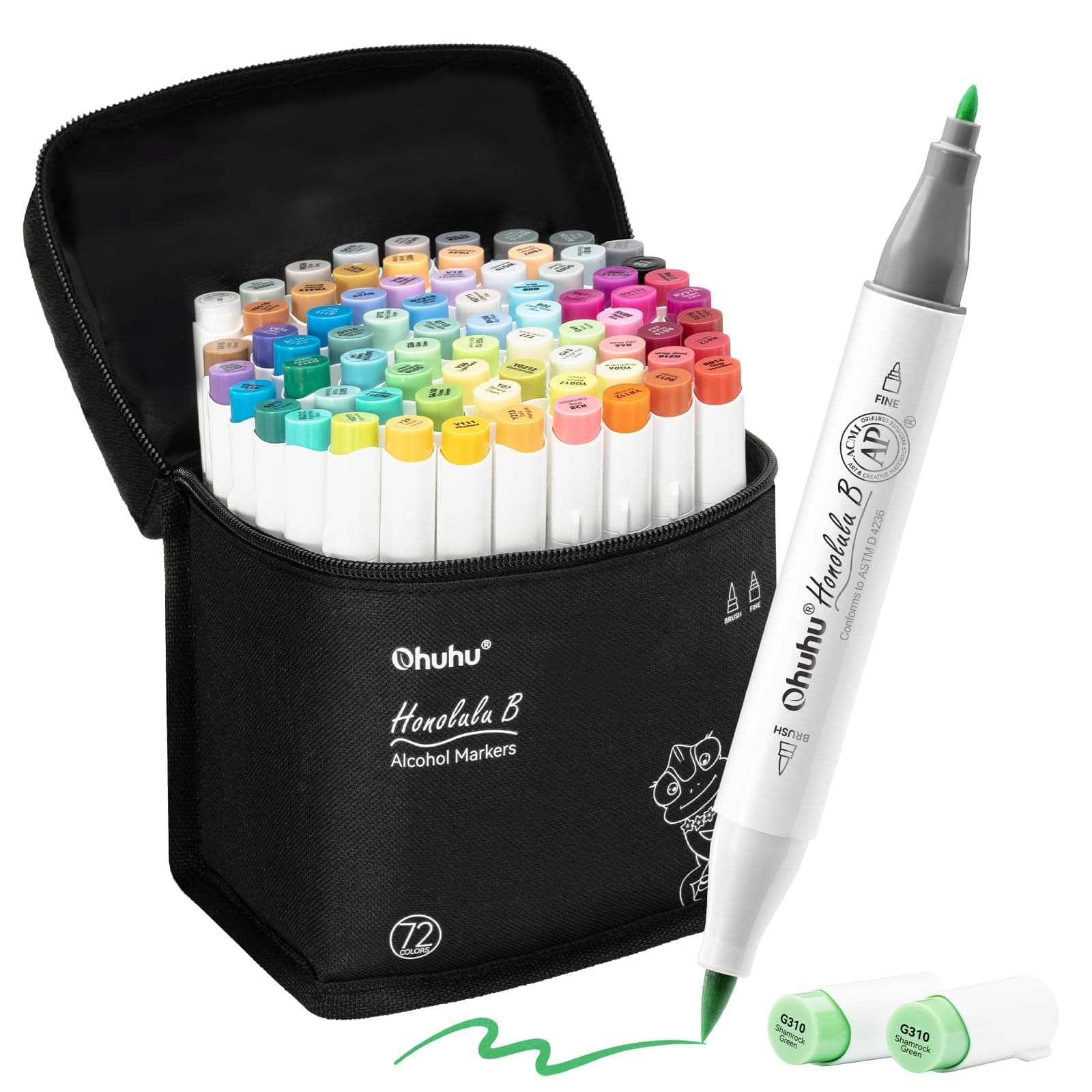 Ohuhu Alcohol Markers 72 Colors: Brush & Fine Dual Tips Alcohol Marker for Artists Adults Coloring Sketch Illustration - w/ 1 Colorless Blender - Honolulu B Series