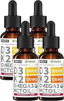 (4 Pack) Organic Vitamin D3 K2 Drops with MCT Oil Omega 3, 5000 IU - Maximum Strength Vitamin D Liquid, No Fillers, Non-GMO Liquid D3 for Faster Absorption and Immune Support (Strawberry, 4 Fl Oz)