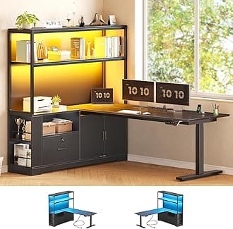 SEDETA 56.7" L Shaped Standing Desk, Reversible Computer Office Desk with Drawers & Hutch, Stand Up Corner Gaming Desks with LED Lights & Power Outlets for Home Office, Black