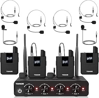 TONOR Wireless Microphones System with UHF Headset/Lavalier Lapel Mics, Bodypack Transmitter, Receiver, 4 * 5 Channels, 60M Range for Church Conference Performance Singing Karaoke PA Speaker Mixer