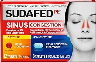 PE Sinus Congestion Day + Night Maximum Strength Decongestant & Antihistamine Tablets with Phenylephrine HCl & Diphenhydramine HCl, Helps Nasal & Sinus Pressure & Congestion, 20 ct