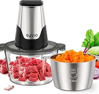 Syvio Food Processors with 2 Bowls, Meat Grinder 4 Bi-Level Blades, Mini Electric Food Chopper 400W, for Baby Food, Meat, Onion, Vegetables, 2 Speed, 8 Cup and 5 Cup