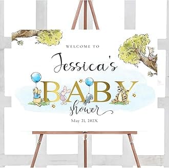 Personalized Bear Pooh Baby Shower Sign, Blue Balloon Custom Baby Shower Welcome Yard Sign Party Decorations Plastic with H Stakes, Double Sided, Full Size2