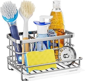 Kitchen Sink Organizer, SUS304 Stainless Steel Rustproof Multifunctional Large Sink Caddy with Sponge Holder and Drain Tray for Kitchen Countertop (Silver)