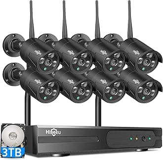 Hiseeu Black Wireless Security Camera System, 10CH 4K NVR 8Pcs Outdoor/Indoor WiFi Surveillance Camera 5MP with Night Vision, Waterproof, Motion, 1-Way Audio, Remote Access, 3TB HDD, DC12V Power Cord