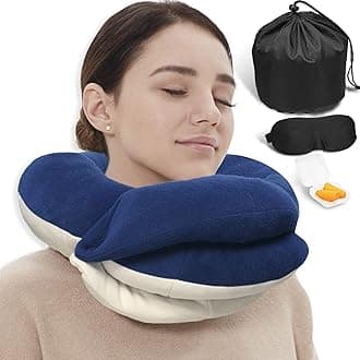 BUYUE Travel Neck Pillows for Airplanes, 360° Head Support Sleep for Long Flight, Skin-Friendly & Breathable, Kit with 3D Contoured Eye Mask, Earplugs and Storage Bag (Adult, Navy, 90+ lbs)