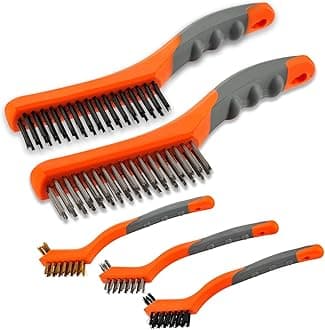Wire Brush Set 5PCS,Nylon/Brass/Stainless Steel/Carbon Steel Bristles,Wire Scratch Brush for Cleaning Rust, Dirt,Paint Scrubbing with Deep Cleaning with Curved Rubber Handle, Orange and Gray