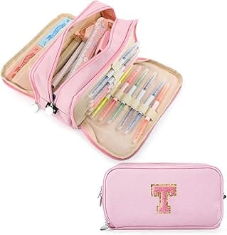Nuozme Extra Large Capacity Pencil Case 3 Compartment Initial Pencil Pouch Personalized Cute Aesthetic Stationery Pen Case Bag for School Teen Girl Boy Men Women Gift (T, Pink)