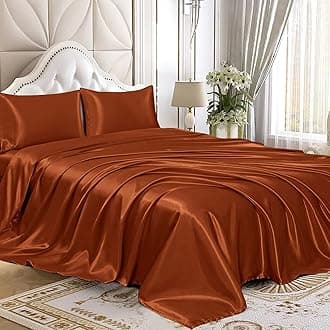 Homiest 4pcs Satin Sheets Set Luxury Silky Satin Bedding Set with Deep Pocket, 1 Fitted Sheet + 1 Flat Sheet + 2 Pillowcases (King Size, Burnt Orange)